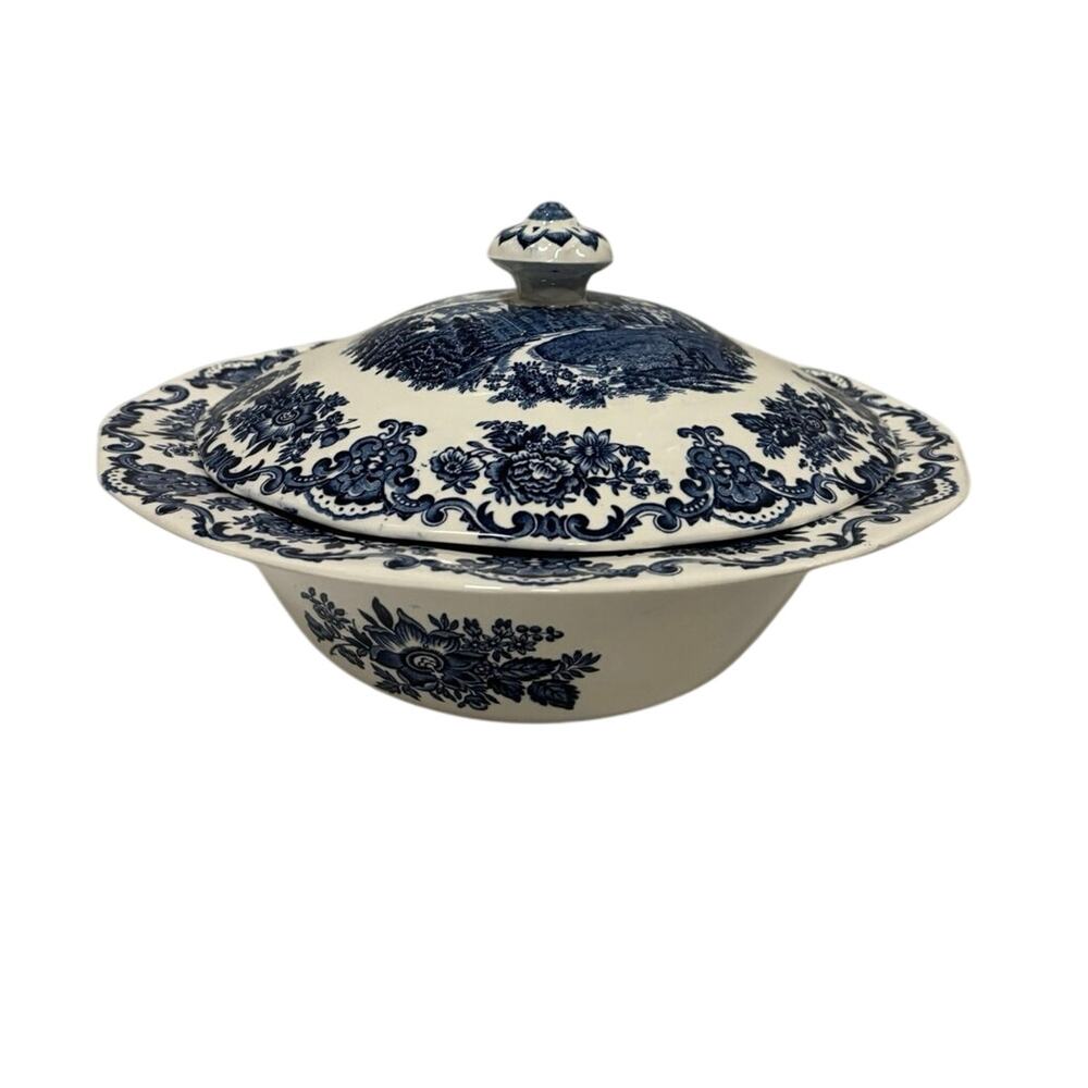 Vintage Enoch Wedgwood Royal Homes Britain Covered Vegetable Bowl Blue White - Picture 6 of 15